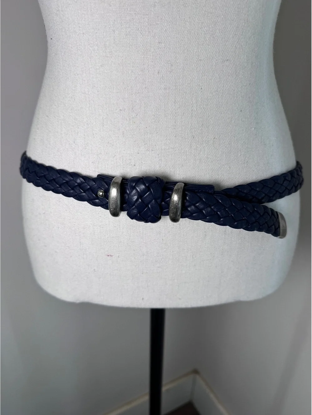 Vintage Navy blue braided leather belt featuring silver-tone hardware